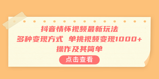 抖音情怀视频最新玩法，多种变现方式，单挑视频变现1000+，操作及其简单-网创资源库