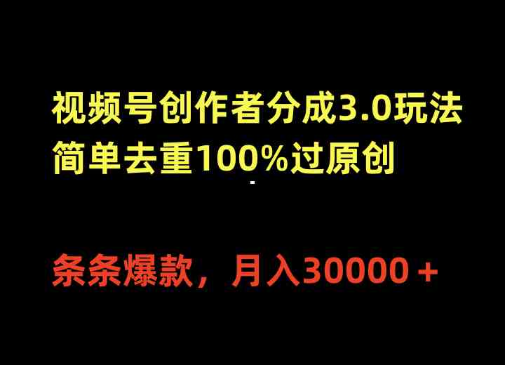 （10002期）视频号创作者分成3.0玩法，简单去重100%过原创，条条爆款，月入30000＋-网创资源库