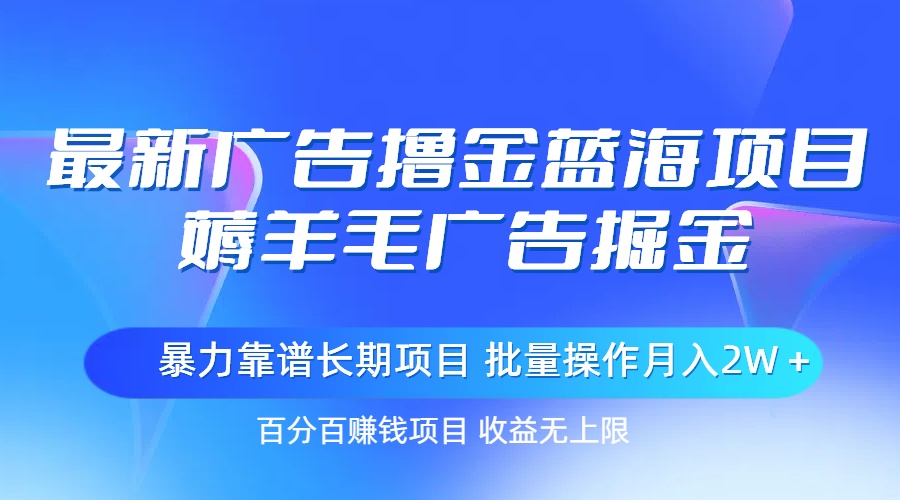 最新广告撸金蓝海项目，薅羊毛广告掘金 长期项目 批量操作月入2W＋-网创资源库